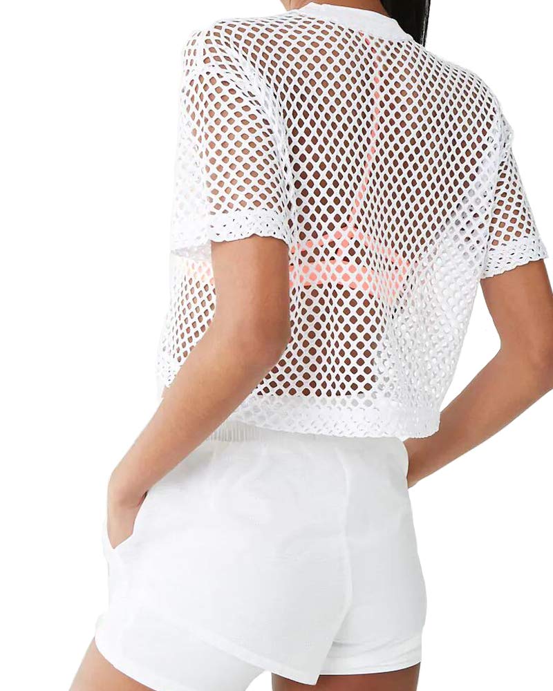 CLOZOZ Women's Mesh Crop Top See Through Fishnet Shirt Short Sleeve Crew Neck Sheer Cover Up - Image 3